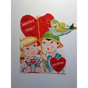 Vintage 1954 Valentine's Day Card Movable Fishing Boy Girl Die Cut